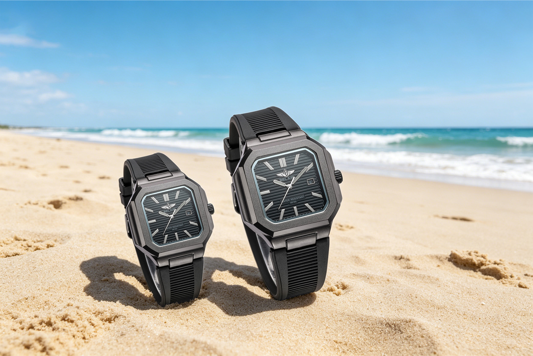 BELAIR B6816A PU matte black leather wrist watch